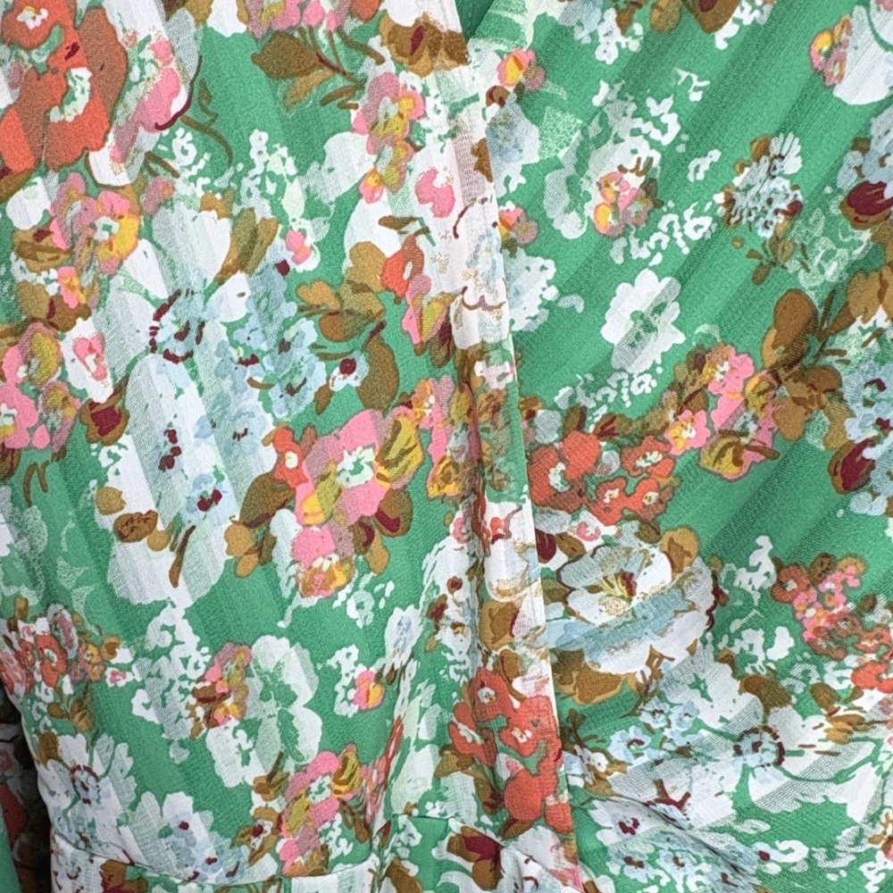Maison Tara Green Floral Pleated Maxi‎ Dress V-Neck 3/4 Puff Sleeve Belted - Picture 9 of 12